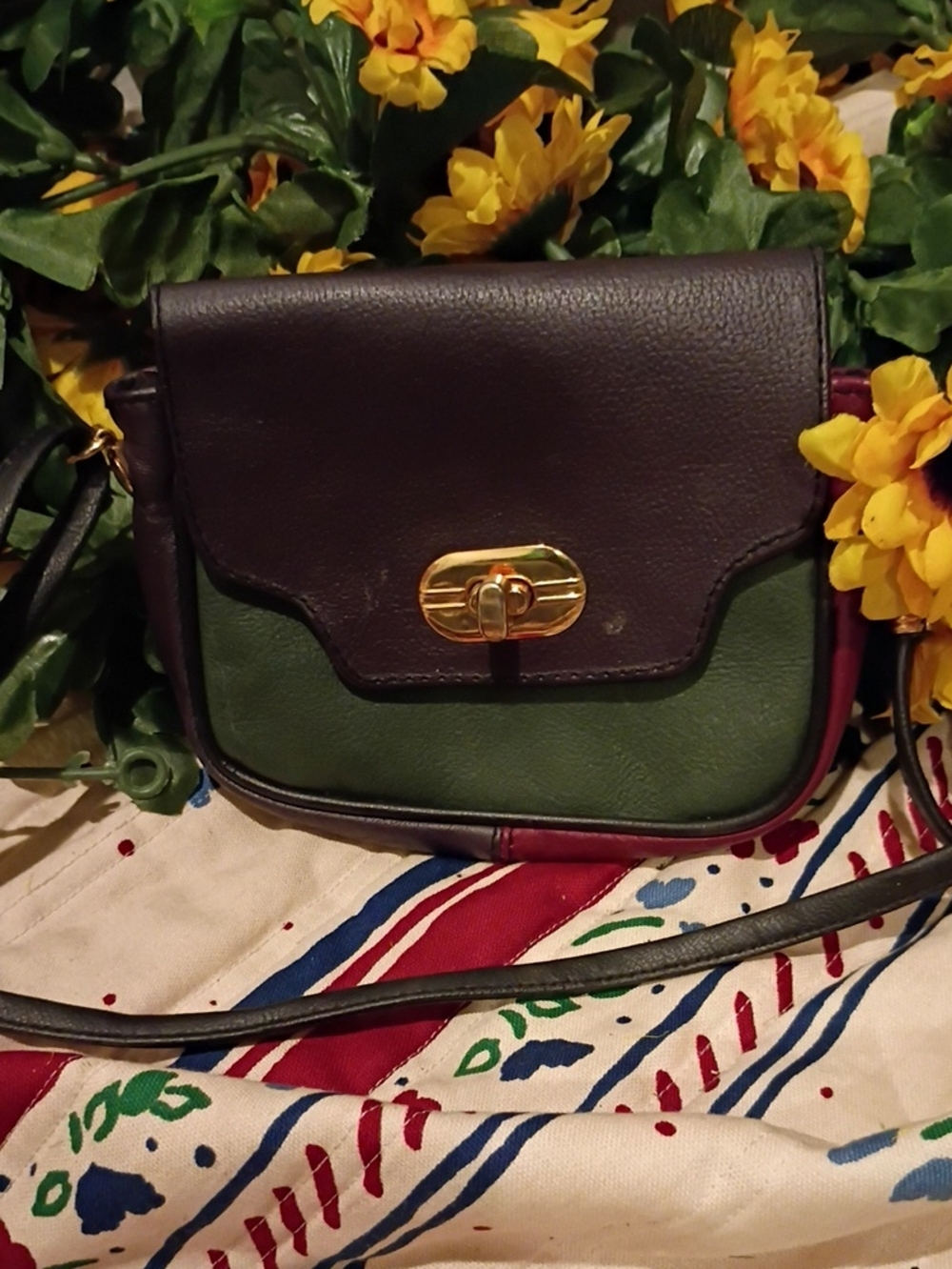 Colorblock Crossbody Bag in Dark Brown, Green and Burgundy